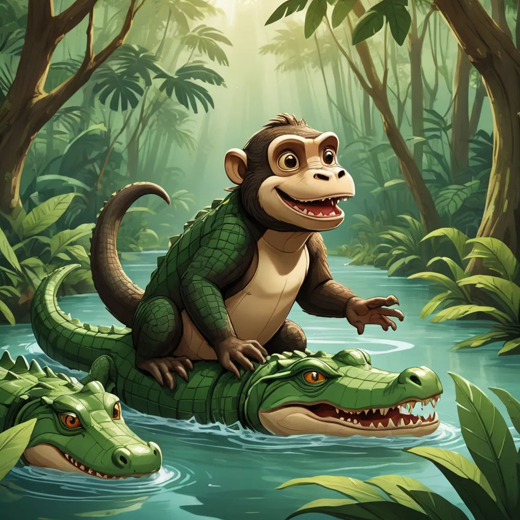 a monkey and a crocodile in a jungle setting with a river and trees in the background illustration by alex krawc, sots art, a storybook illustration, Chris LaBrooy, storybook illustration