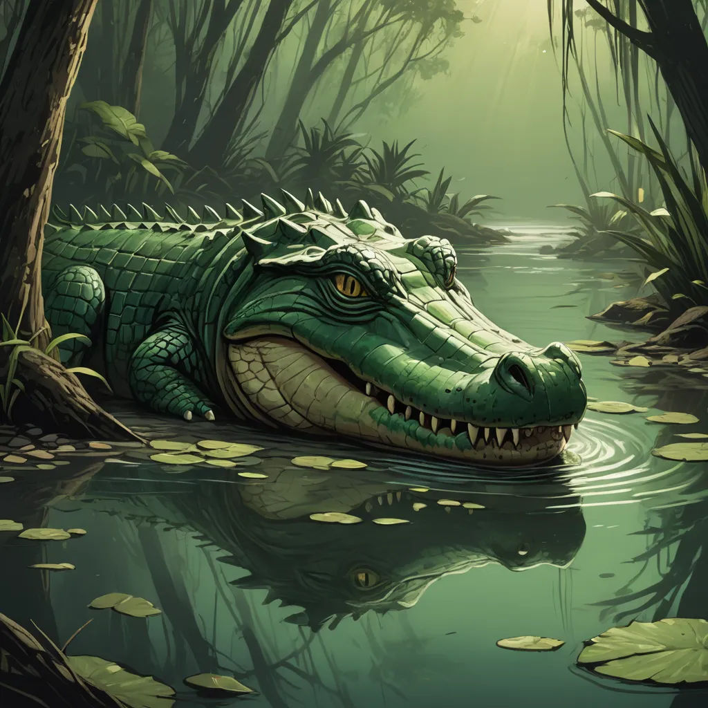 a crocodile is floating in a body of water near a forest with lily pads and a stream of water, fantasy art, an illustration of, Chris LaBrooy, highly detailed digital painting