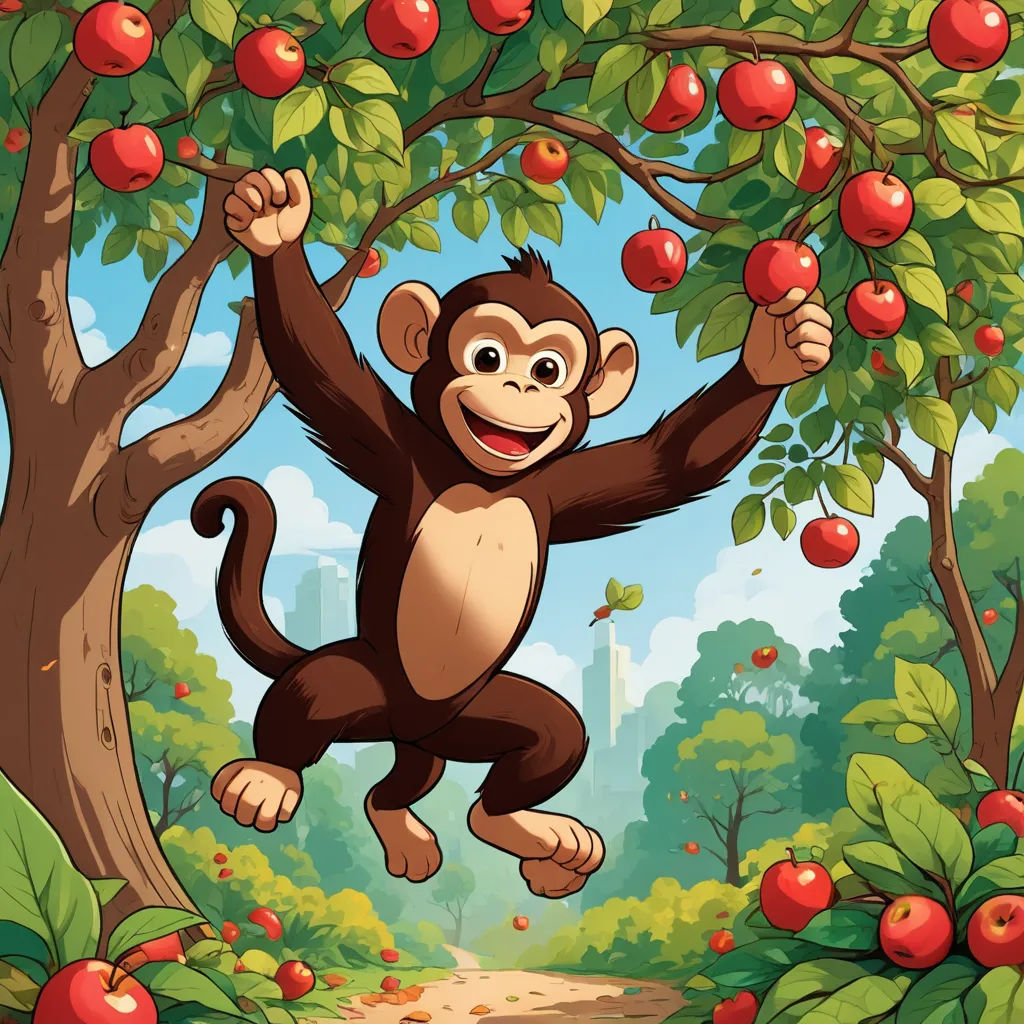 a monkey hanging from a tree in a forest with apples on it's branches and a trail leading to it, primitivism, a storybook illustration, Chris LaBrooy, trending on furaffinity