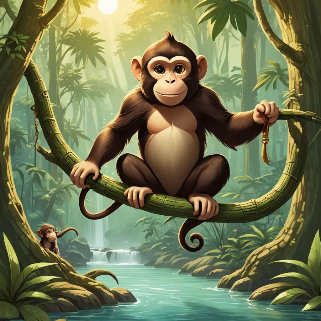 a monkey sitting on a branch in a jungle with a river and a waterfall in the background with a sun, fantasy art, a storybook illustration, Alex Petruk APe, highly detailed digital painting