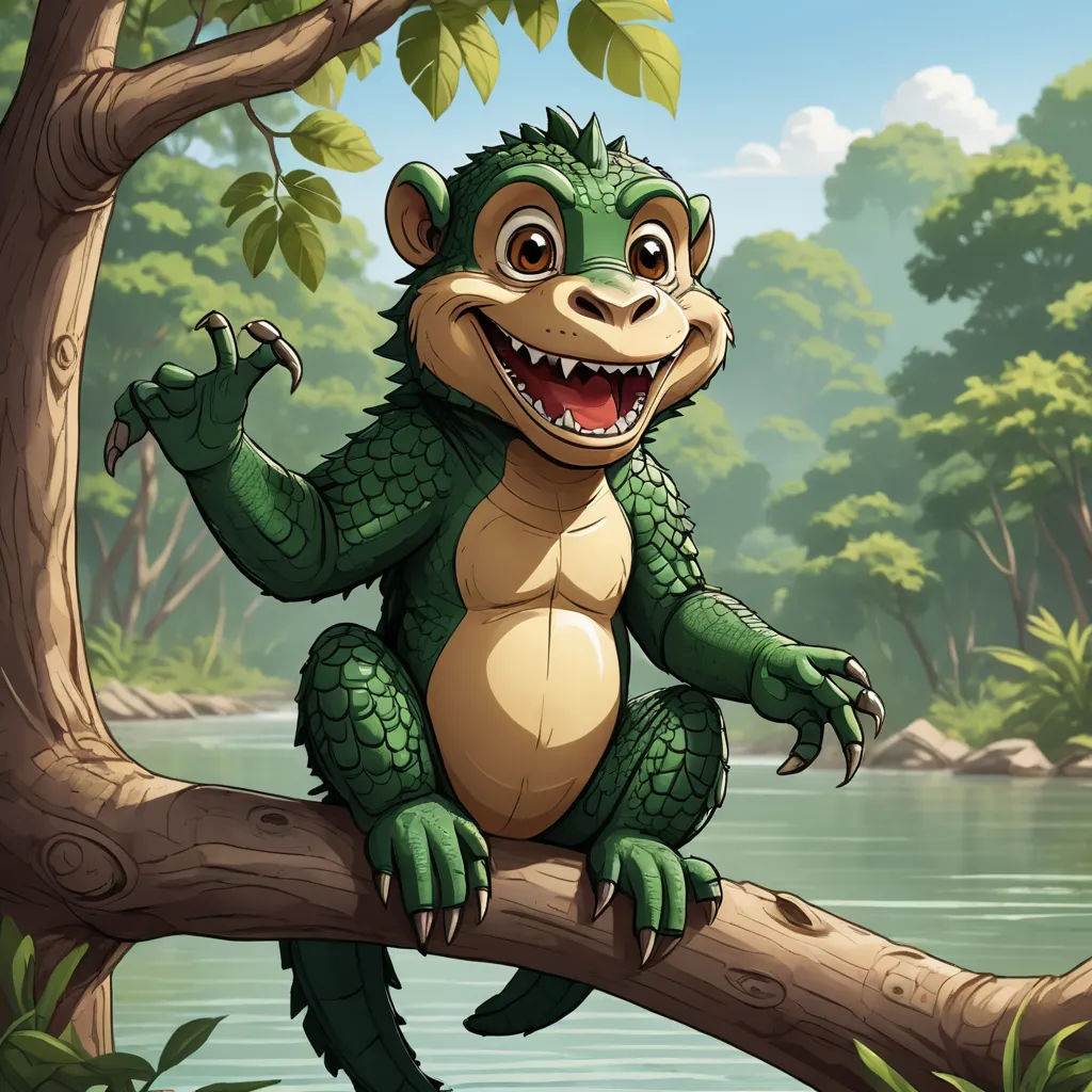 a cartoon alligator sitting on a tree branch in a forest with a lake in the background and a forest - like area with trees, rocks, and bushes, and rocks, and a few leaves, and a, sots art, a character portrait, Chris LaBrooy, magic the gathering artwork