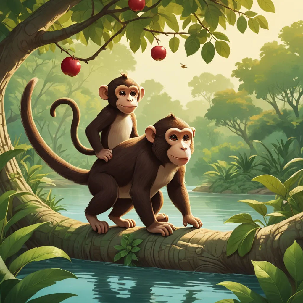 two monkeys sitting on a log in a jungle by a river with apples on it's tree branches, primitivism, a storybook illustration, Brothers Hildebrandt, highly detailed digital painting