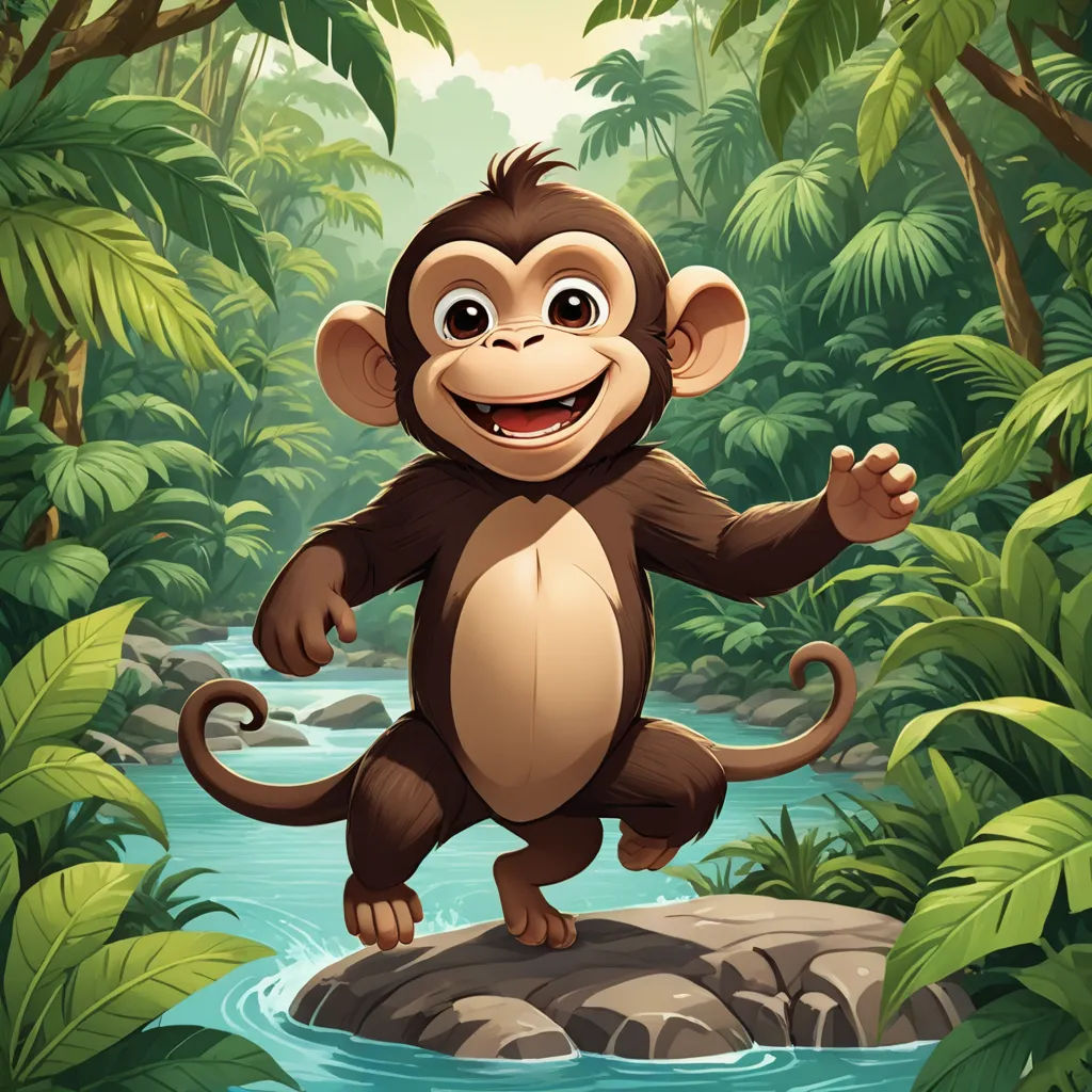 a monkey standing on a rock in a jungle with a river running through it and smiling at the camera, sumatraism, a character portrait, Alex Petruk APe, jungle