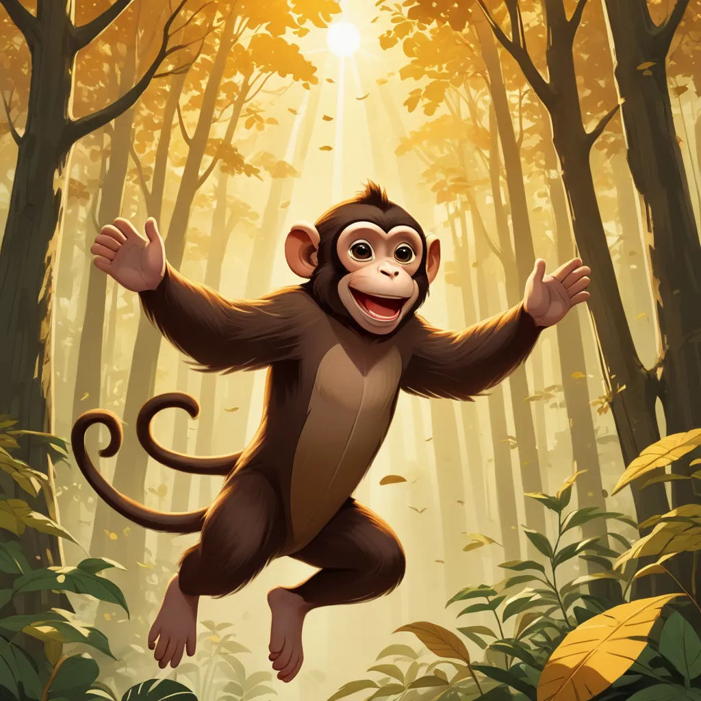 a monkey is jumping in the air in the forest with trees and leaves around him and a sun shining through the trees, sots art, a storybook illustration, Chris LaBrooy, highly detailed digital painting