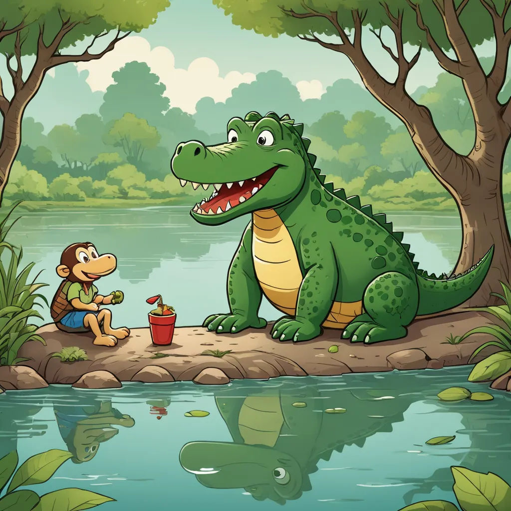a cartoon alligator and a man are playing by the river with a bucket of water and a frog is sitting on the bank, lyco art, a storybook illustration, Diego Gisbert Llorens, storybook illustration