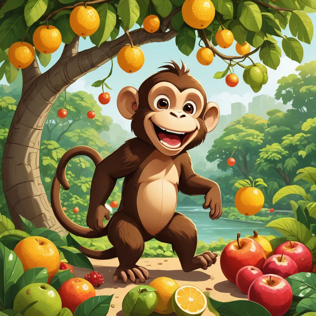 a monkey standing in the middle of a forest with oranges and apples on the ground and a tree with oranges, primitivism, a storybook illustration, Chris LaBrooy, highly detailed digital painting