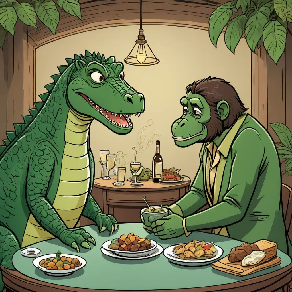 a man and a dinosaur are eating at a table together, with a plate of food on the table, primitivism, a storybook illustration, Alex Petruk APe, storybook illustration
