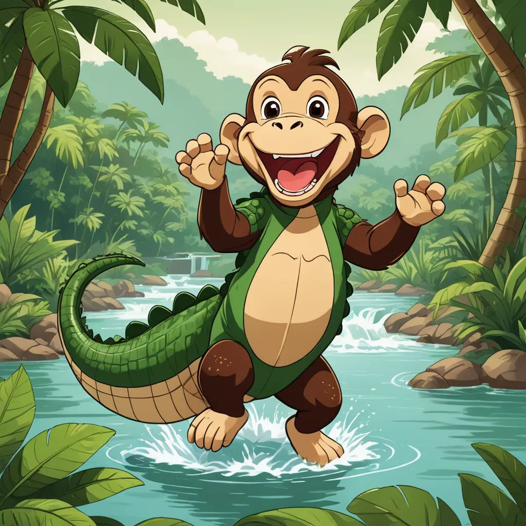 a monkey is jumping in the water with a crocodile in his hand and a jungle background is in the foreground, sots art, a storybook illustration, Chris LaBrooy, jungle