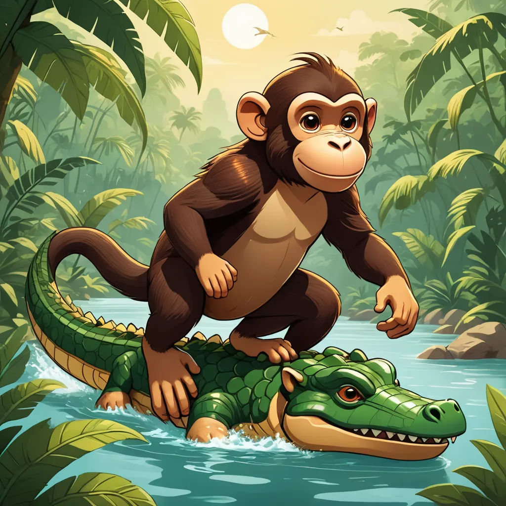 a monkey riding on top of a crocodile in a river with a crocodile in the background and a jungle, primitivism, a storybook illustration, Chris LaBrooy, jungle