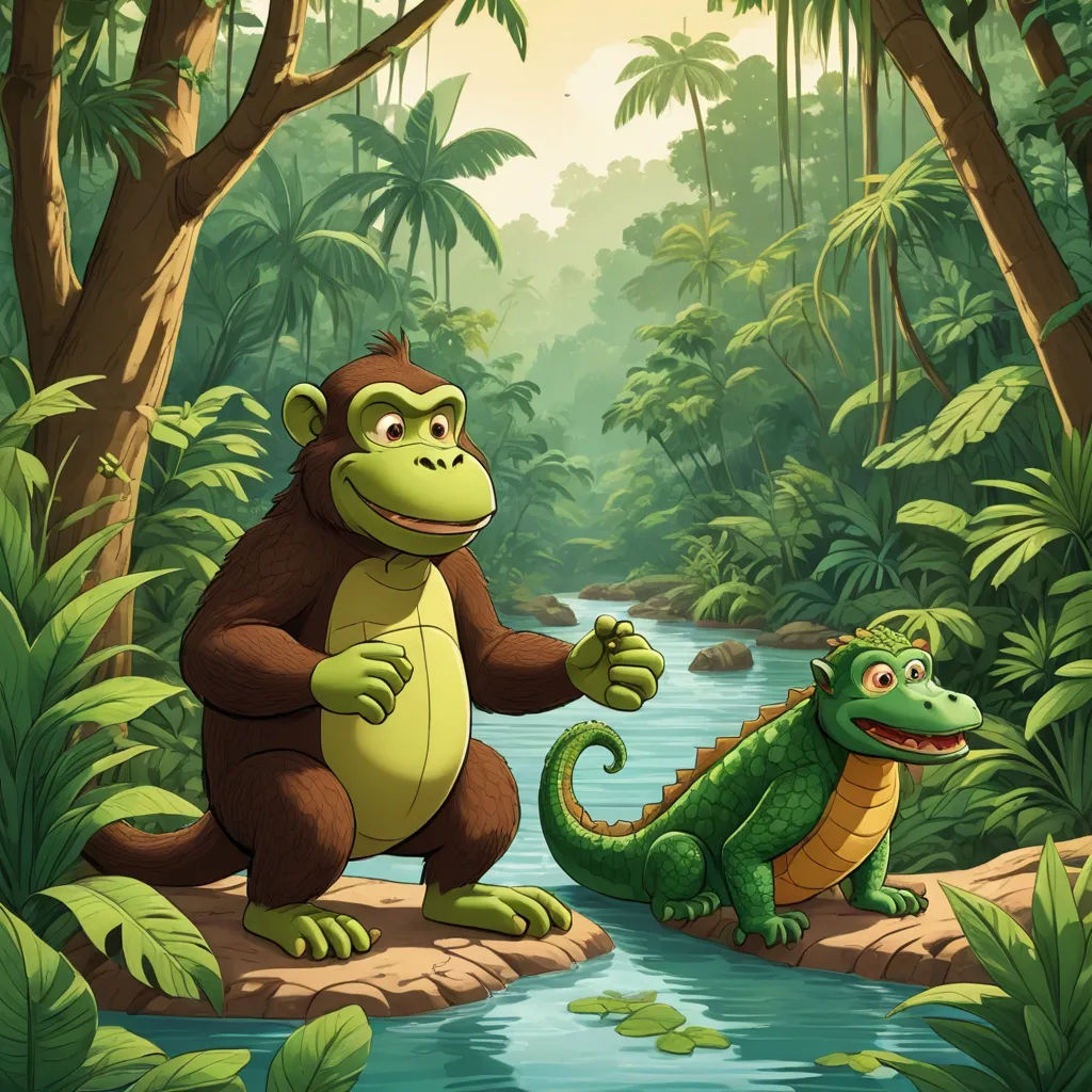 a monkey and a crocodile in a jungle by a river with a crocodile in the foreground and a crocodile in the background, primitivism, a storybook illustration, Chris LaBrooy, jungle