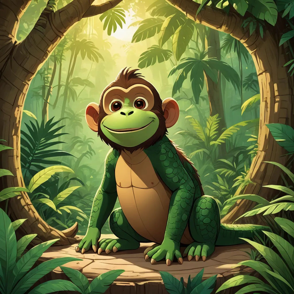 a cartoon monkey sitting on a log in a jungle with a tree and plants around it, with a sunbeam in the background, primitivism, a character portrait, Chris LaBrooy, jungle