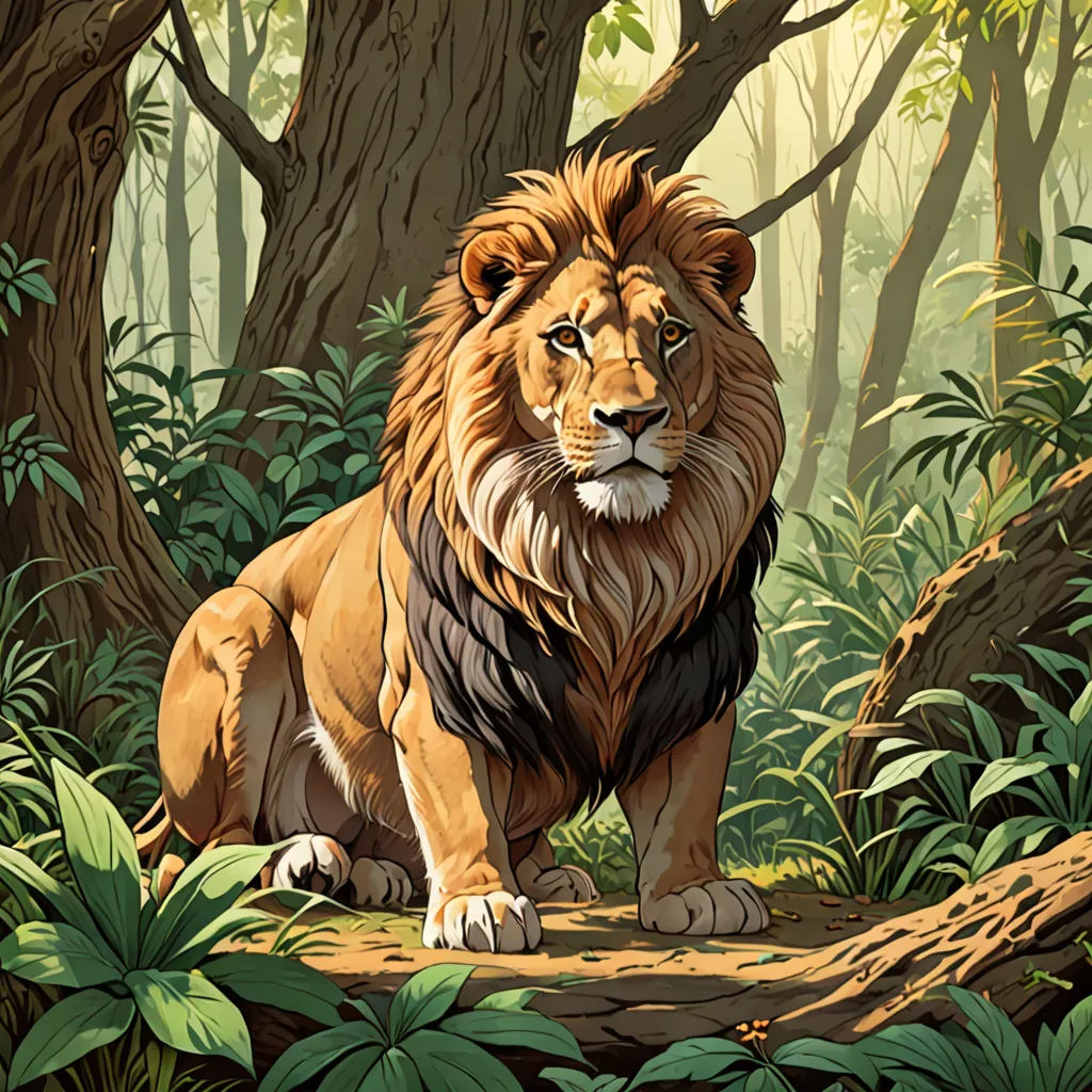 a lion sitting in the middle of a forest with trees and bushes around it's edges and a path leading to the right, furry art, a character portrait, Chris LaBrooy, official art