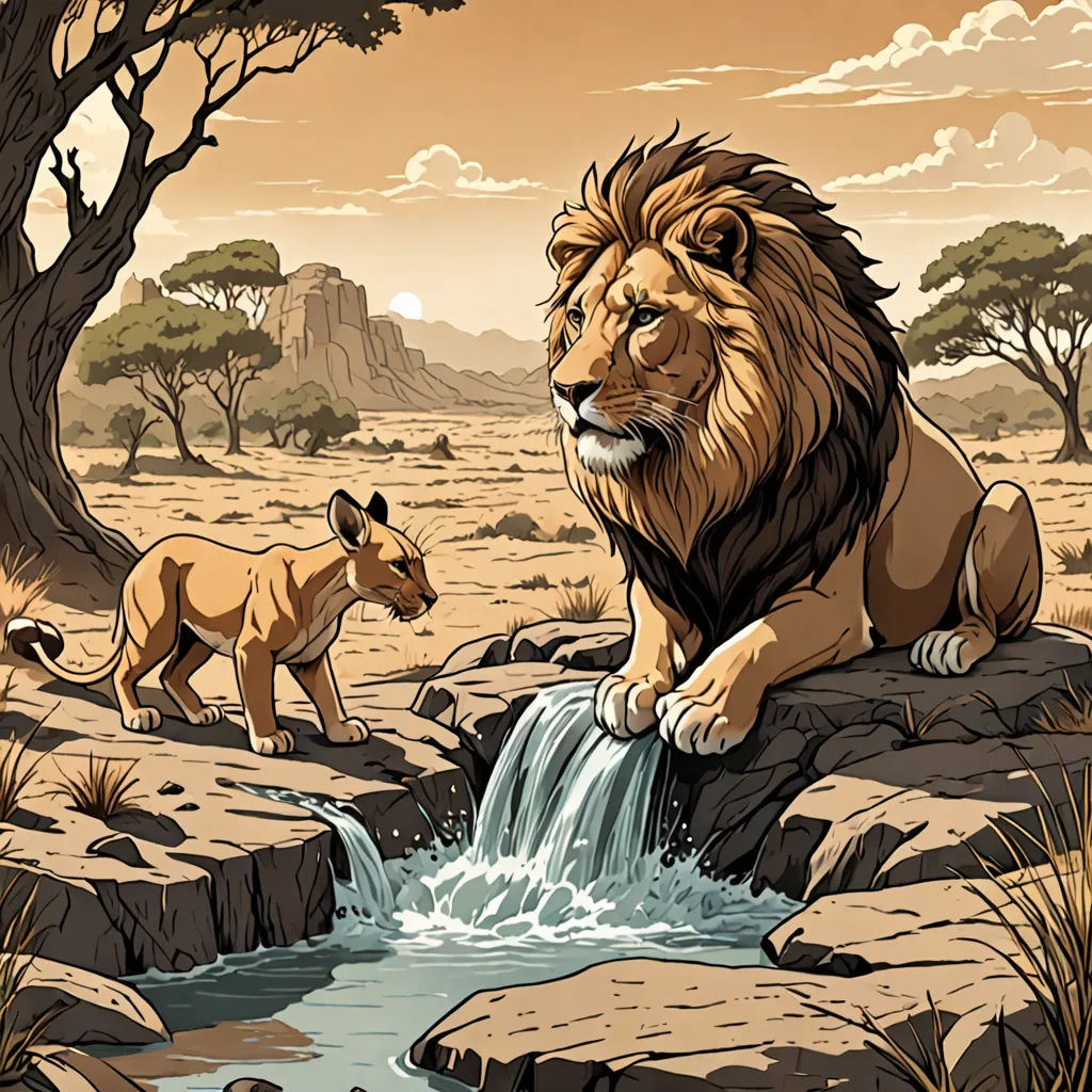 a lion and a cub are sitting on rocks near a stream of water in a desert landscape with trees, naturalism, a storybook illustration, Chris LaBrooy, detailed illustration