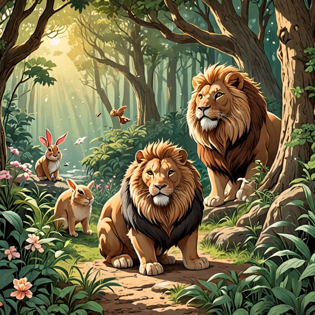 a painting of two lions and a rabbit in a forest with butterflies and flowers on the ground and trees, furry art, a storybook illustration, Chris LaBrooy, official art
