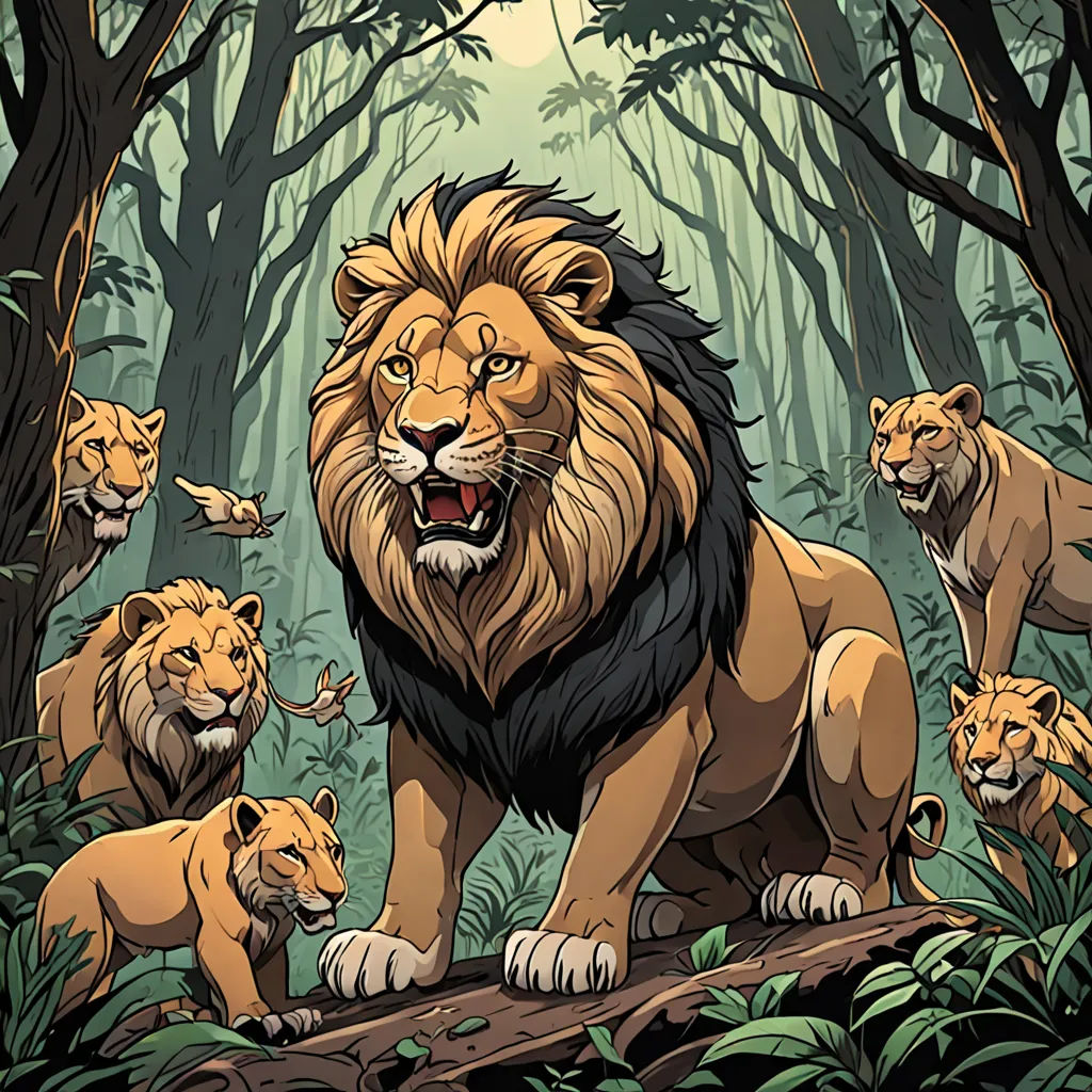 a lion and her cubs in the jungle with trees and bushes in the background, with a full moon in the sky, furry art, an illustration of, Dan Mumford, official art