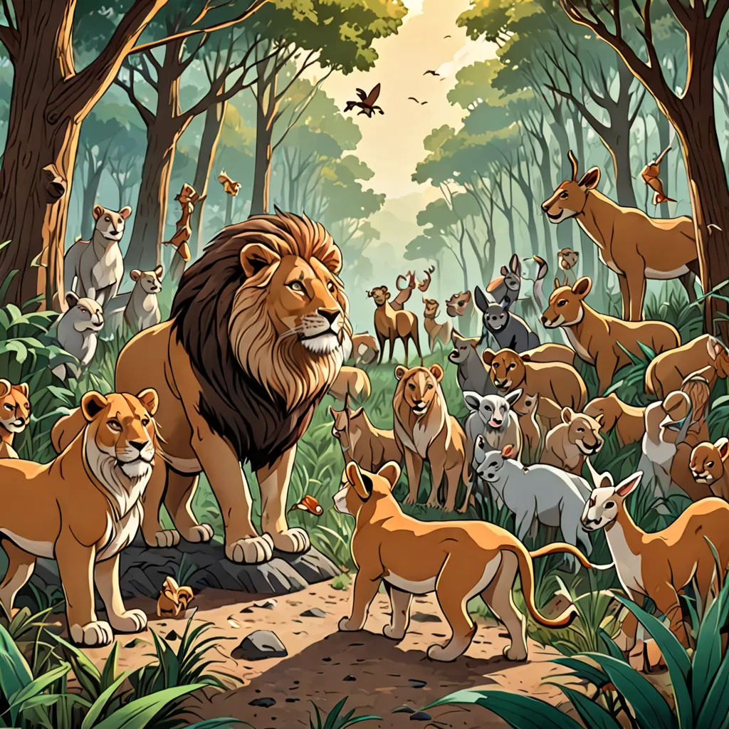 a painting of a lion surrounded by other animals in a forest with a butterfly flying overhead in the background, furry art, a storybook illustration, Chris LaBrooy, furaffinity