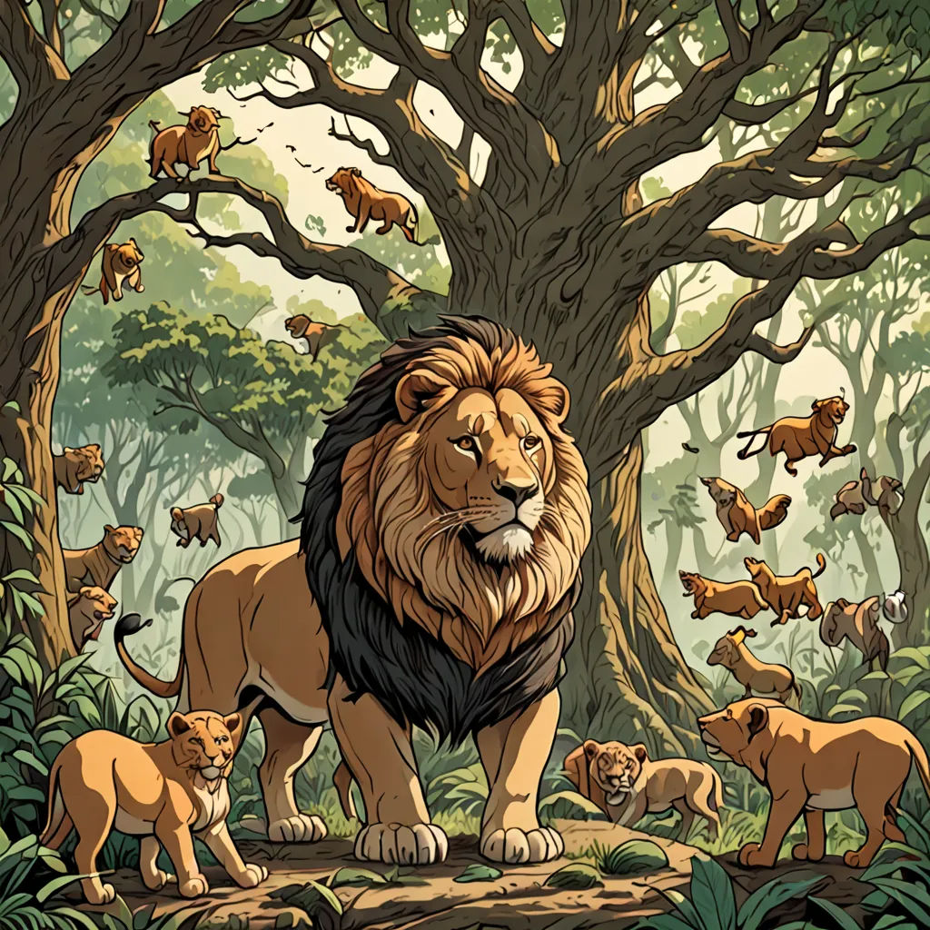a lion standing in the middle of a forest with many other animals around it and a tree with many branches, furry art, a storybook illustration, Chris LaBrooy, furaffinity