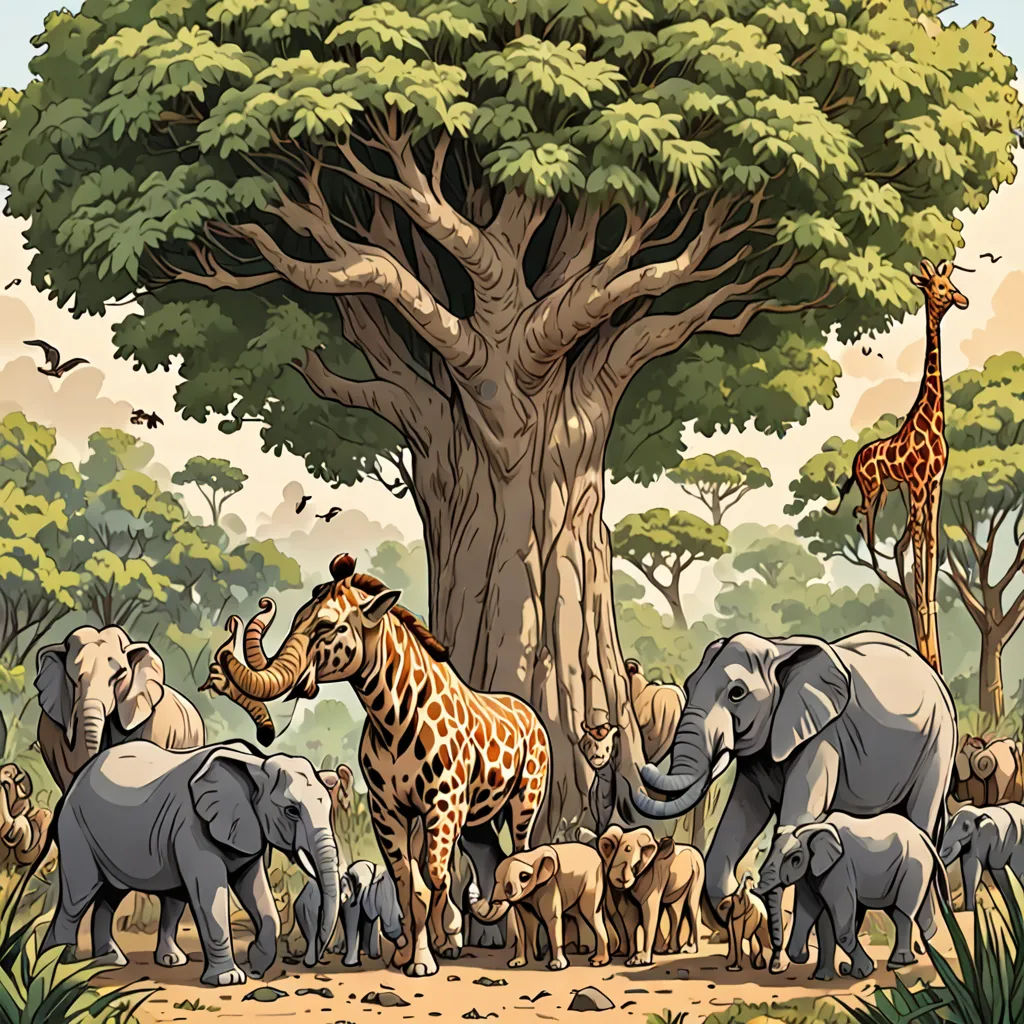 a group of elephants and giraffes standing in front of a tree with a giraffe standing next to it, naturalism, a storybook illustration, Chris LaBrooy, detailed illustration