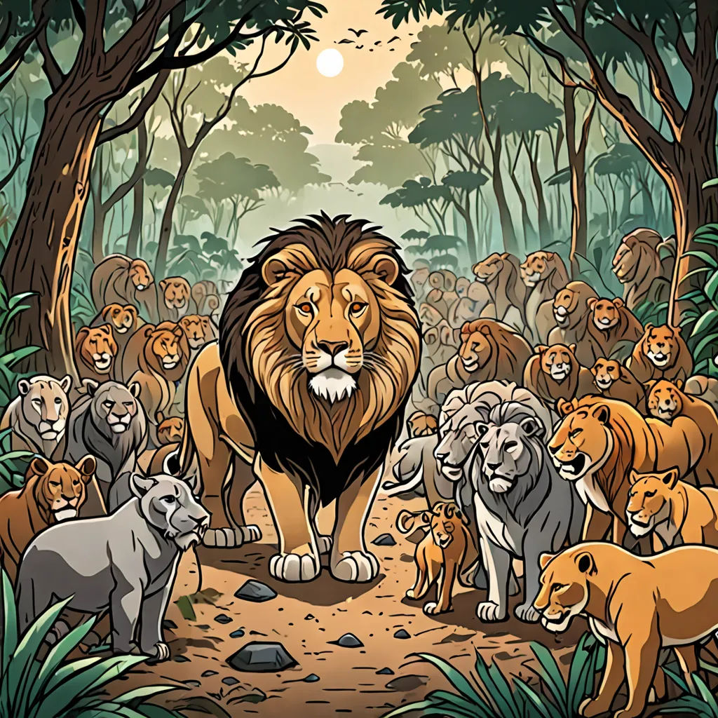 a lion surrounded by many other animals in a jungle setting with a full moon in the background and trees, sumatraism, a storybook illustration, Chris LaBrooy, detailed illustration