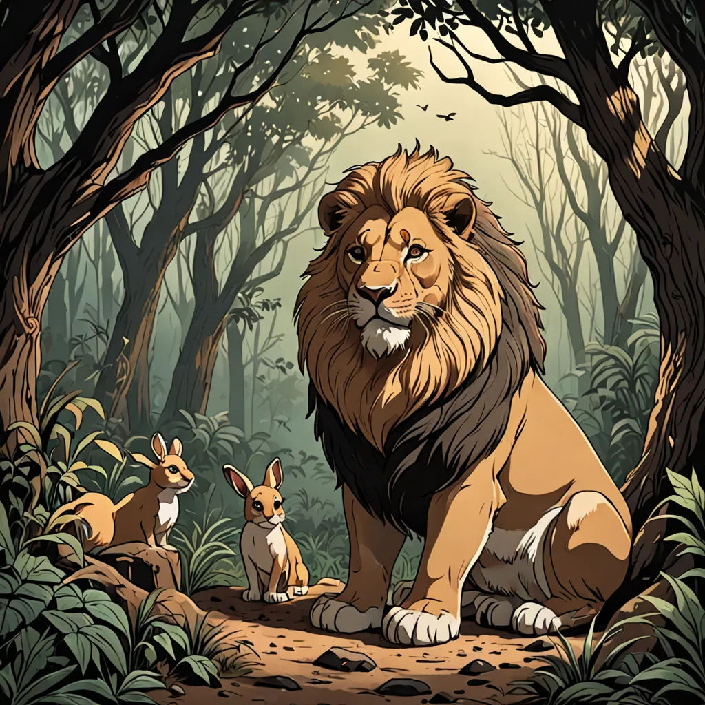 a lion and a kangaroo in a forest with trees and bushes, with a baby kangaroo in the foreground, furry art, a storybook illustration, Don Bluth, official art