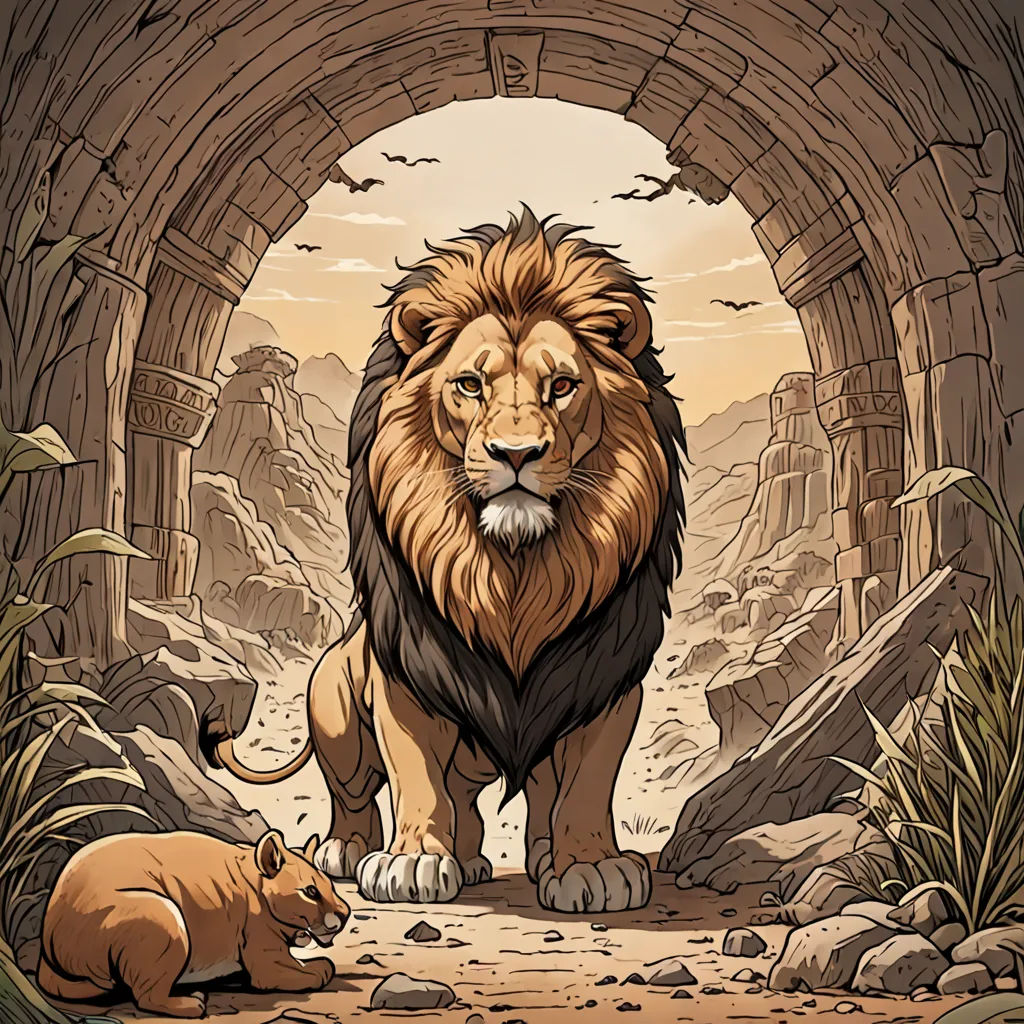 a lion and a bear are standing in a cave with a stone arch and a stone floor and a stone wall, fantasy art, a storybook illustration, Chris LaBrooy, rossdraws global illumination