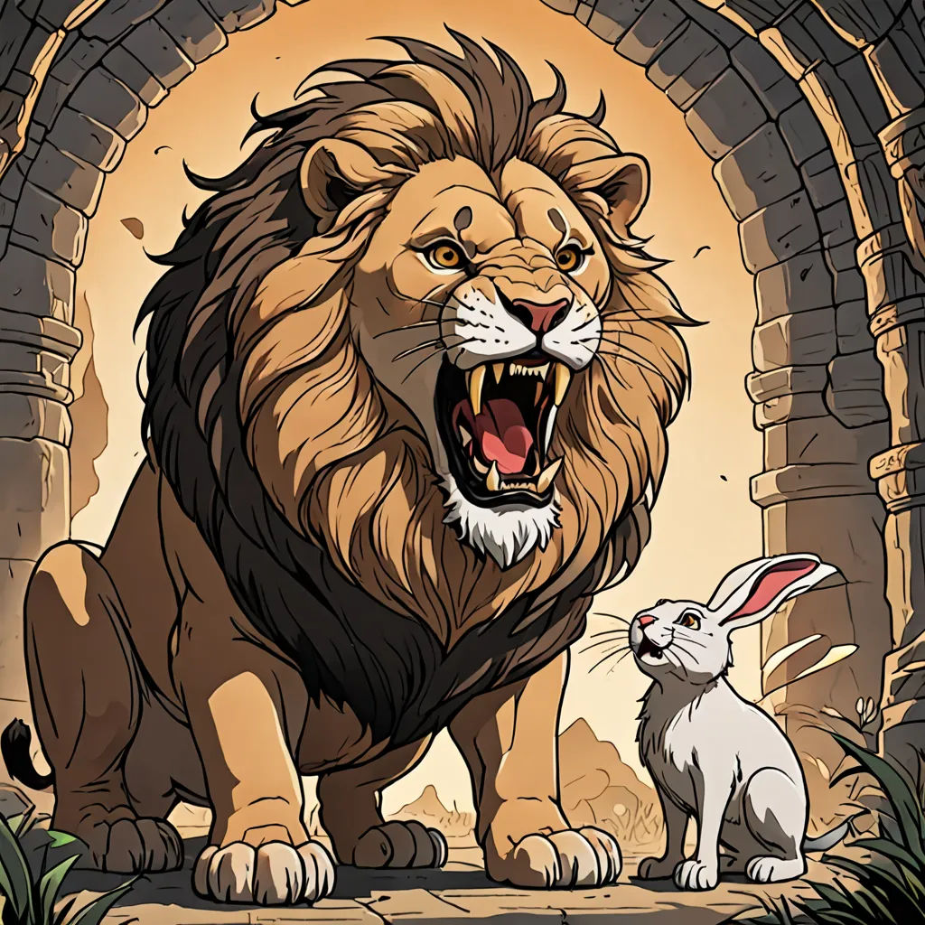 a lion and a rabbit are in front of a stone archway with a door that leads to a cave, furry art, a storybook illustration, Chris LaBrooy, comic cover art