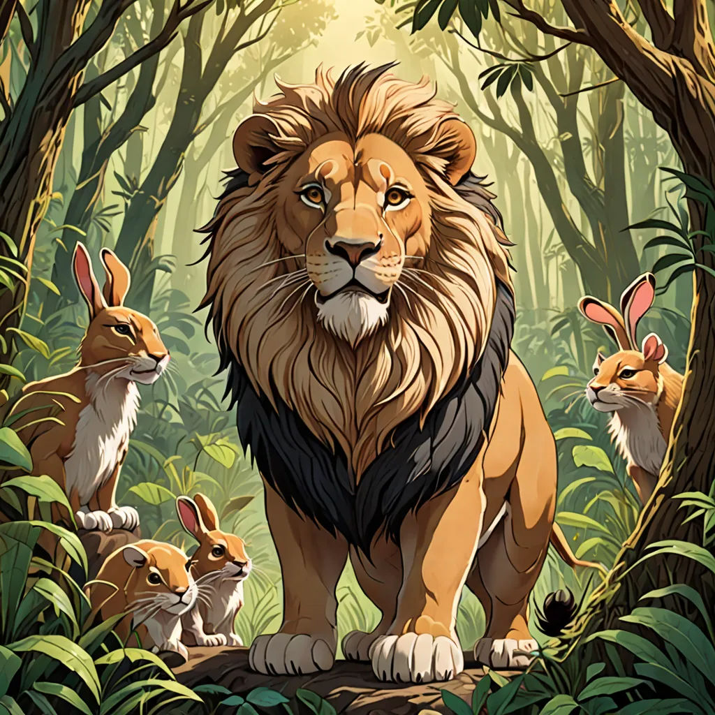 a lion and two rabbits in a forest with trees and bushes, with a sunbeam in the background, furry art, a storybook illustration, Chris LaBrooy, rossdraws global illumination
