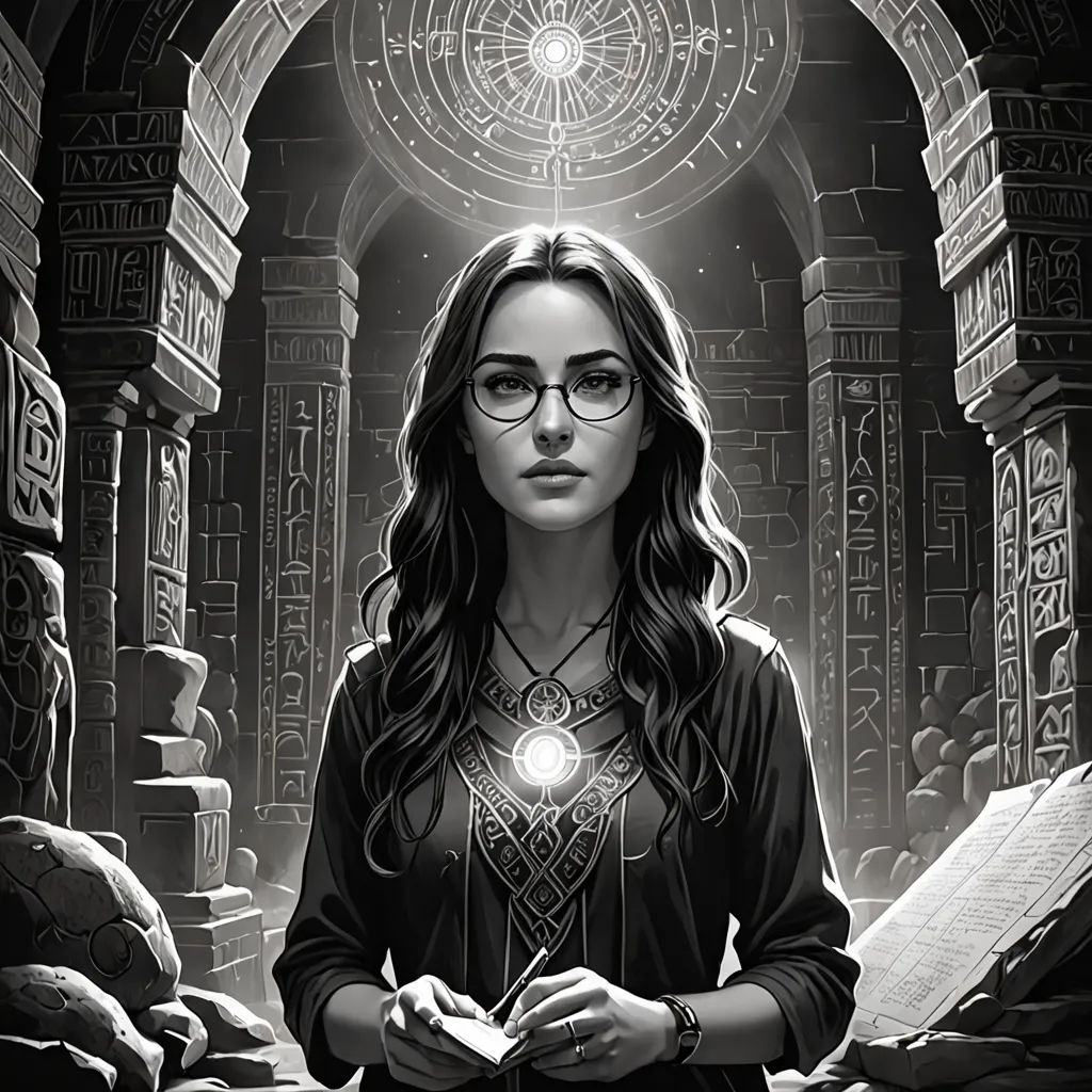 a woman with glasses and a necklace standing in a doorway with a light in her hand and a book in her hand, fantasy art, a character portrait, Edgar Ainsworth, key art