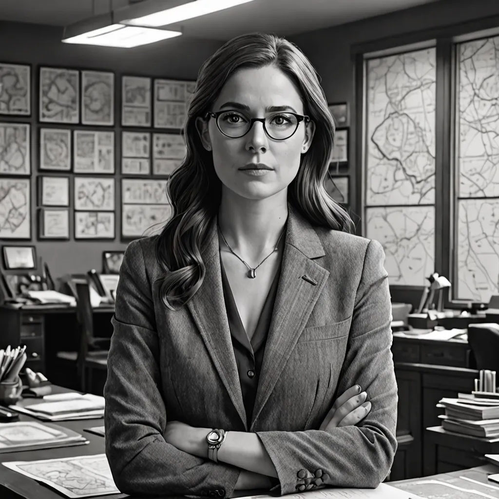 a woman in a suit and glasses standing in front of a desk with a map on it and a clock on the wall, academic art, a black and white photo, Constance Gordon-Cumming, promotional image
