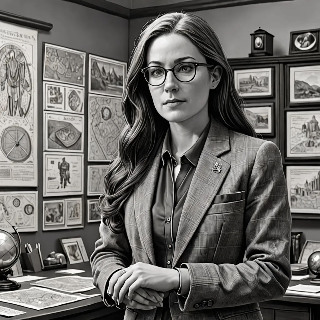 a woman in a suit standing in front of a desk with a clock on it and many posters on the wall, academic art, a detailed drawing, Clarice Beckett, promotional image