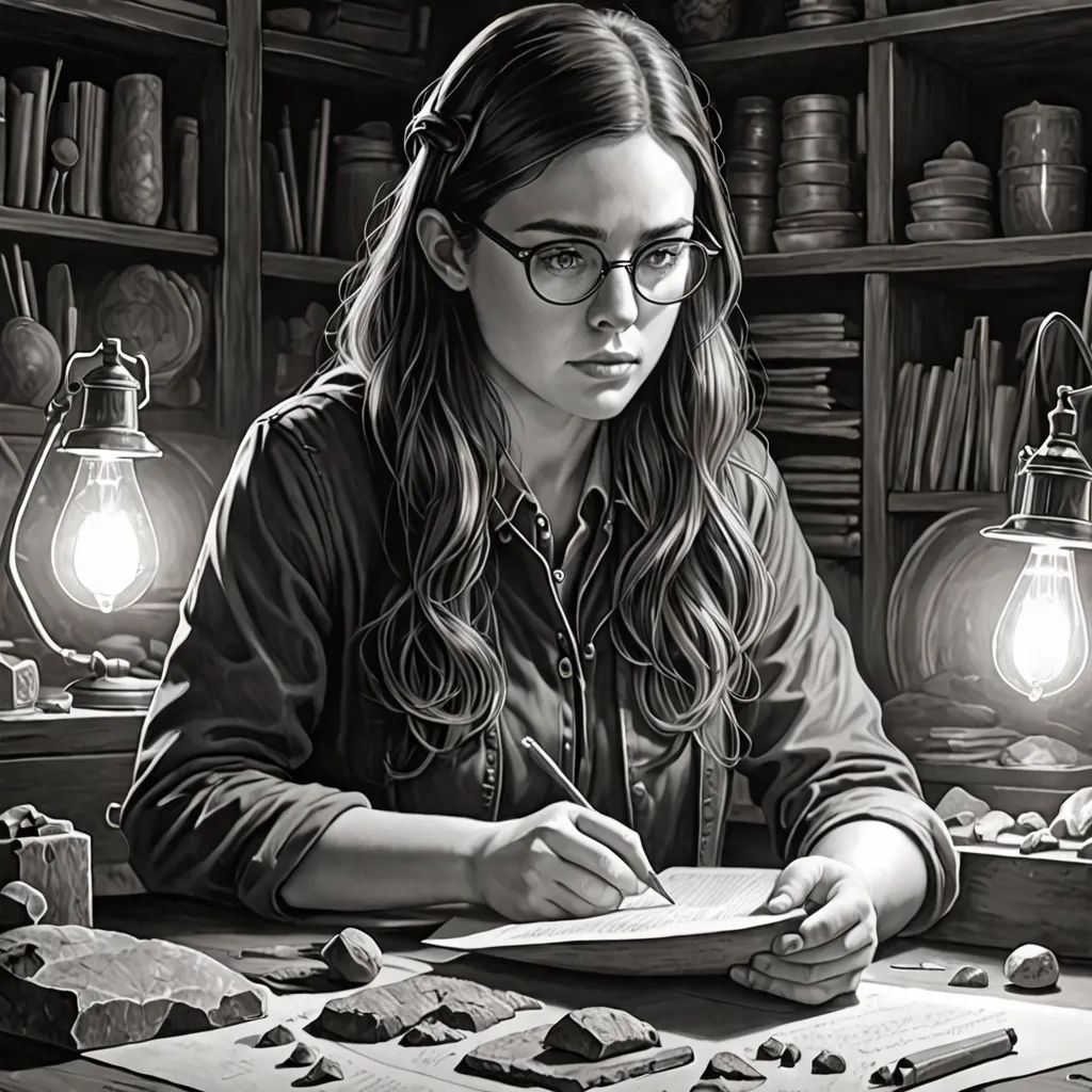 a woman sitting at a desk with a book and pen in her hand and a light bulb above her head, altermodern, an ultrafine detailed painting, Artgerm, highly detailed digital painting