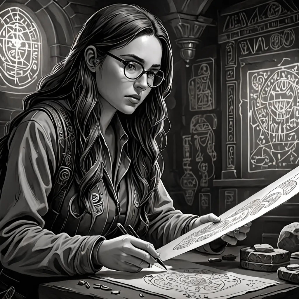 a woman is sitting at a table with a knife and a book in front of her and a skull on the table, fantasy art, a character portrait, Chris Rallis, fantasy illustration