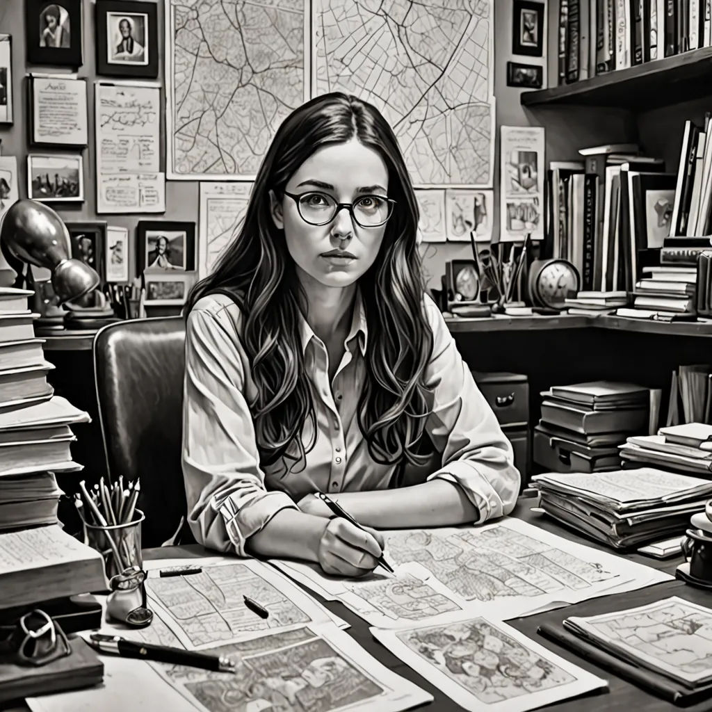 a woman sitting at a desk with a lot of books on it and a lot of books on the desk, academic art, a character portrait, Arabella Rankin, promotional image