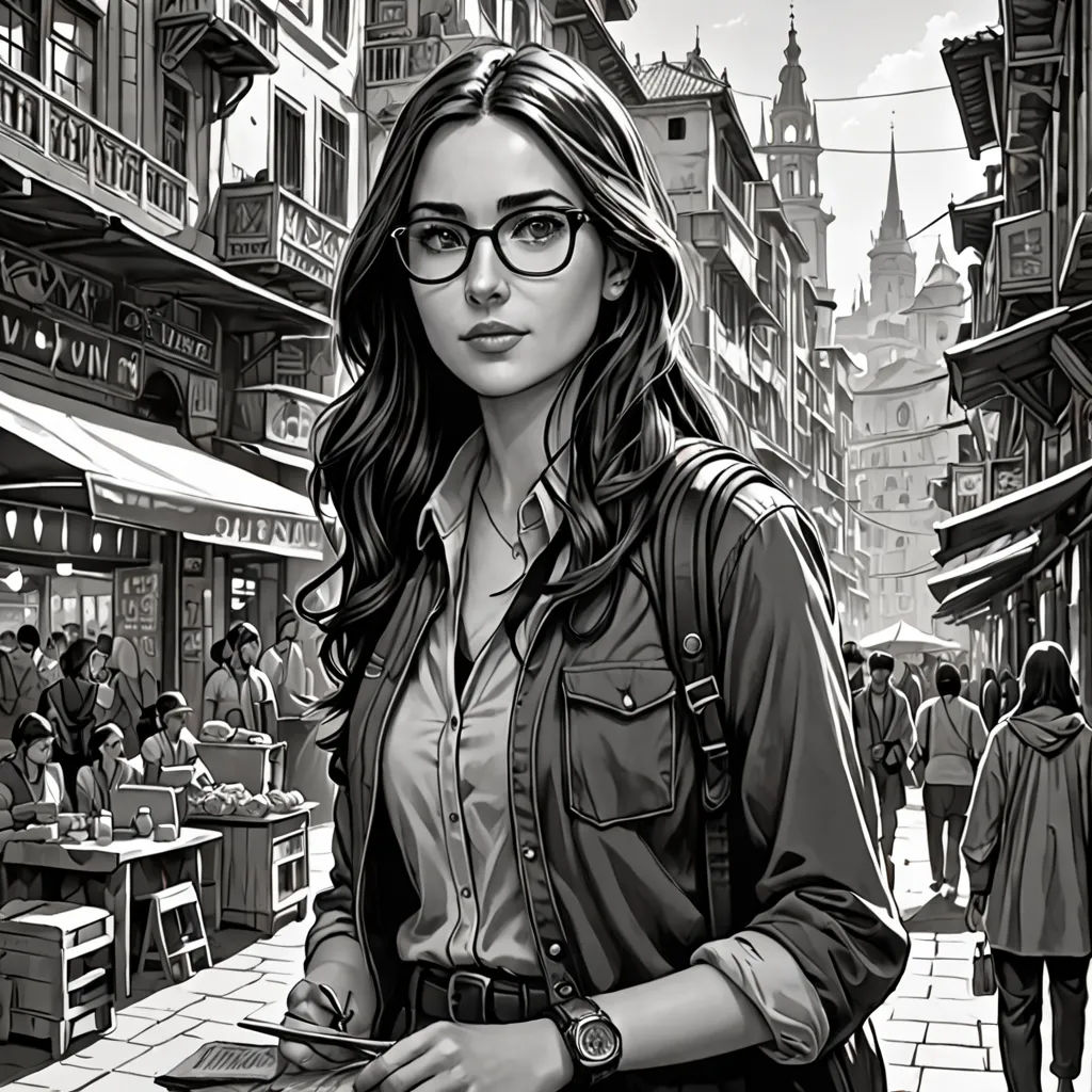 a woman in glasses is standing in a street with a wallet in her hand and people walking around her, modern european ink painting, a comic book panel, Eva Gonzalès, high detail illustration