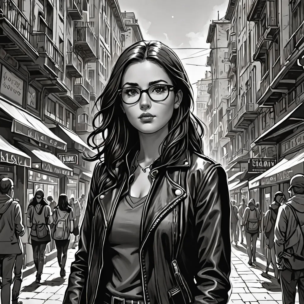 a woman in a black leather jacket and glasses standing on a street with people walking by her and buildings in the background, modern european ink painting, a comic book panel, Artgerm, comic cover art