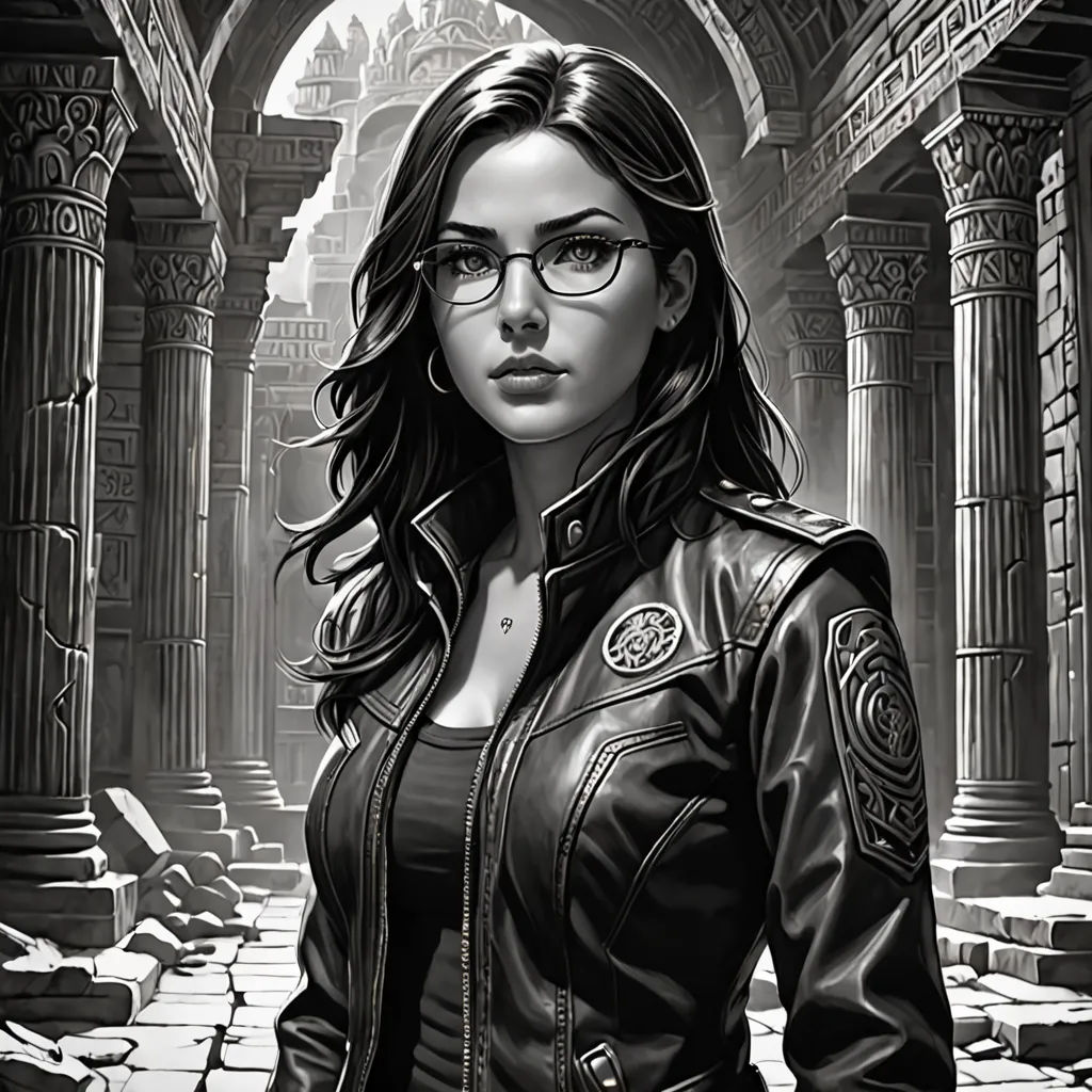 a woman in a black leather jacket and glasses standing in a hallway with columns and arches in the background, fantasy art, a character portrait, Chris Rallis, stanley artgerm lau
