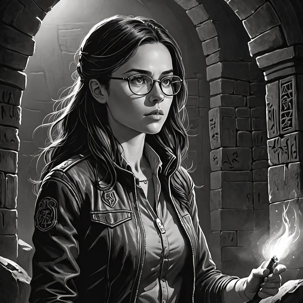 a woman in glasses holding a lit candle in her hand and looking at the camera with a dark background, altermodern, a character portrait, Chris Rallis, magic the gathering artwork