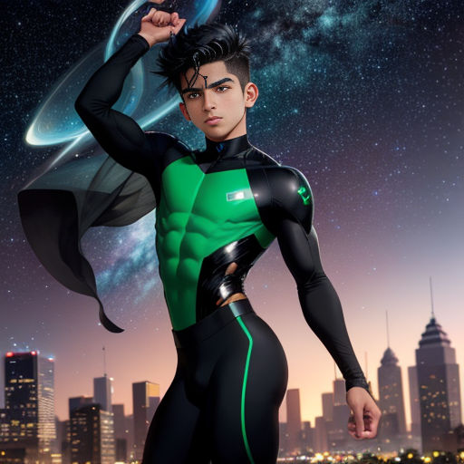a man in a green and black suit with a black cape on his head and a city skyline in the background