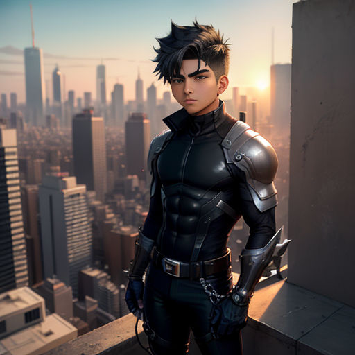 a man in a futuristic suit standing on a rooftop with a city in the background and a sword in his hand