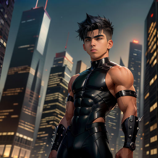a man in a leather outfit standing in front of a cityscape at night with his hands on his hips
