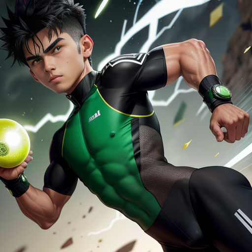 a man in a green and black uniform holding a yellow ball and a lightning background with a lightning bolt