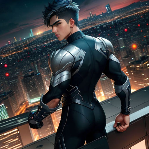 a man in a futuristic suit standing on a rooftop at night with a city in the background and a cityscape in the foreground