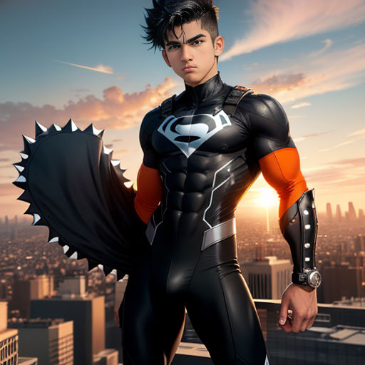 a man in a suit with a dragon like tail on his chest and a city skyline in the background