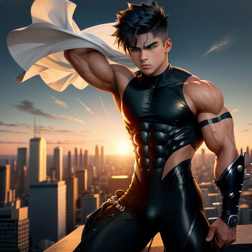 a man in a leather outfit holding a white scarf over his shoulder and looking at the camera with a city in the background
