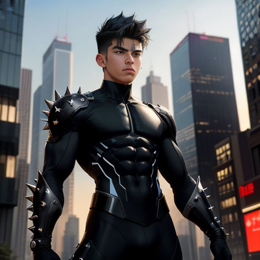 a man in a futuristic suit standing in front of a cityscape with spikes on his chest and chest