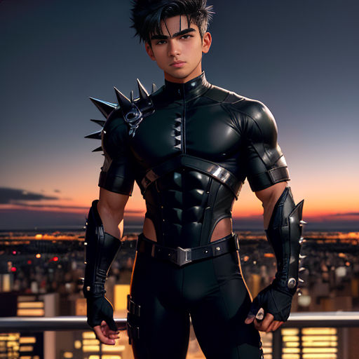 a man in a futuristic suit standing on a rooftop at night with a city in the background and a city skyline
