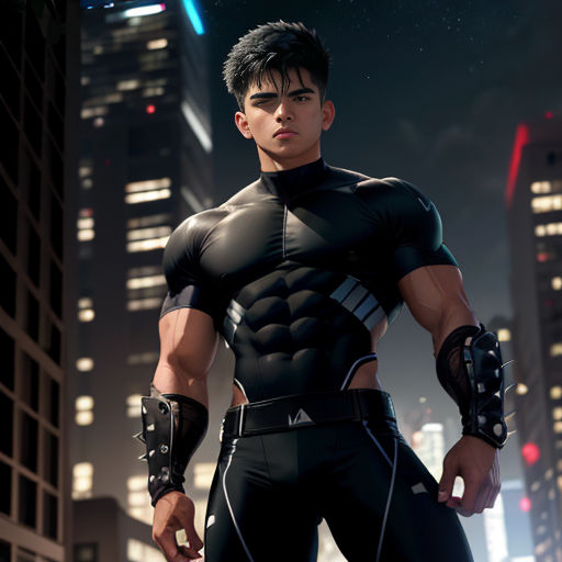 a man in a futuristic suit standing in front of a city at night with a futuristic cityscape in the background
