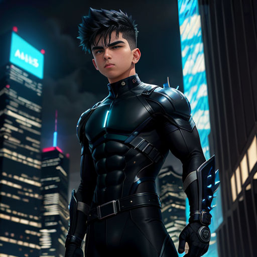 a man in a futuristic suit standing in front of a city at night with a futuristic cityscape in the background