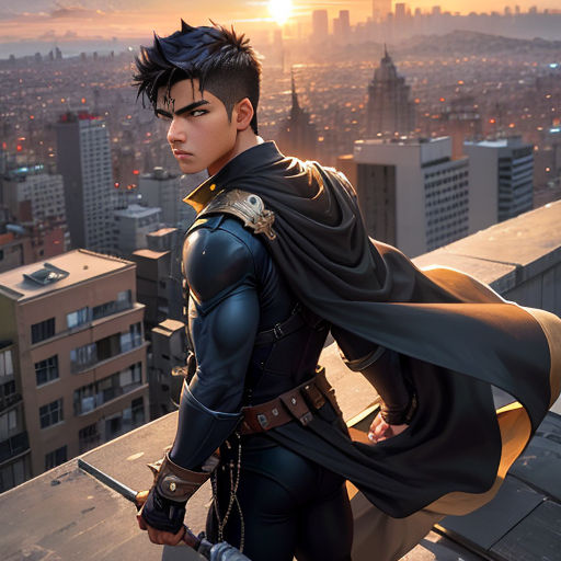 a man in a costume standing on a roof with a sword in his hand and a city in the background