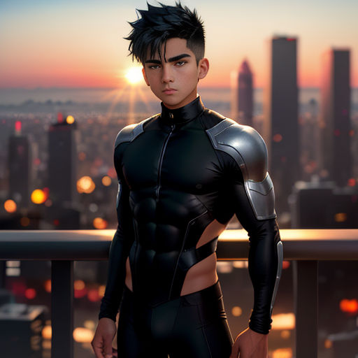 a man in a futuristic suit standing on a balcony overlooking a city at sunset with the sun setting behind him